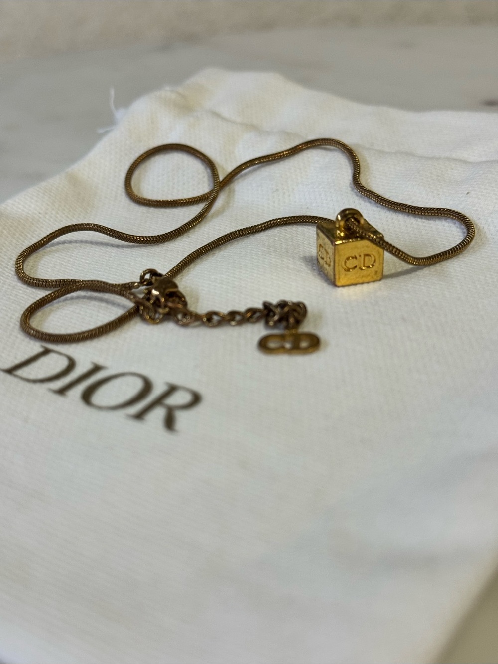 Dior Gold-Tone Cube Pendant Necklace w/Dustbag